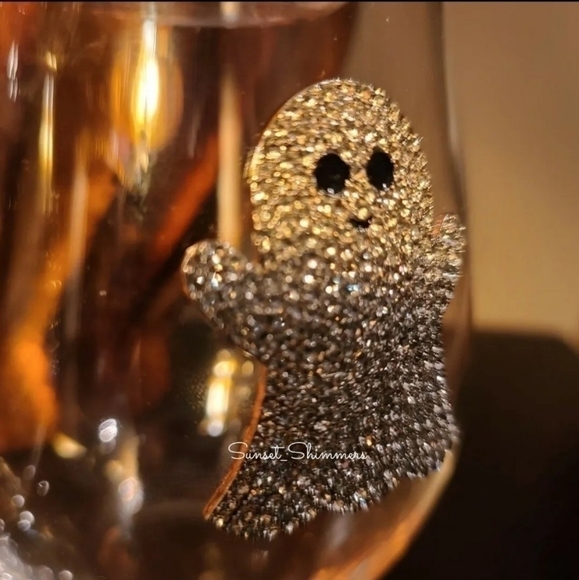 2pc Halloween GHOST Silver Crystal Rhinestone Stemless Wine Glass Set New - Picture 6 of 8